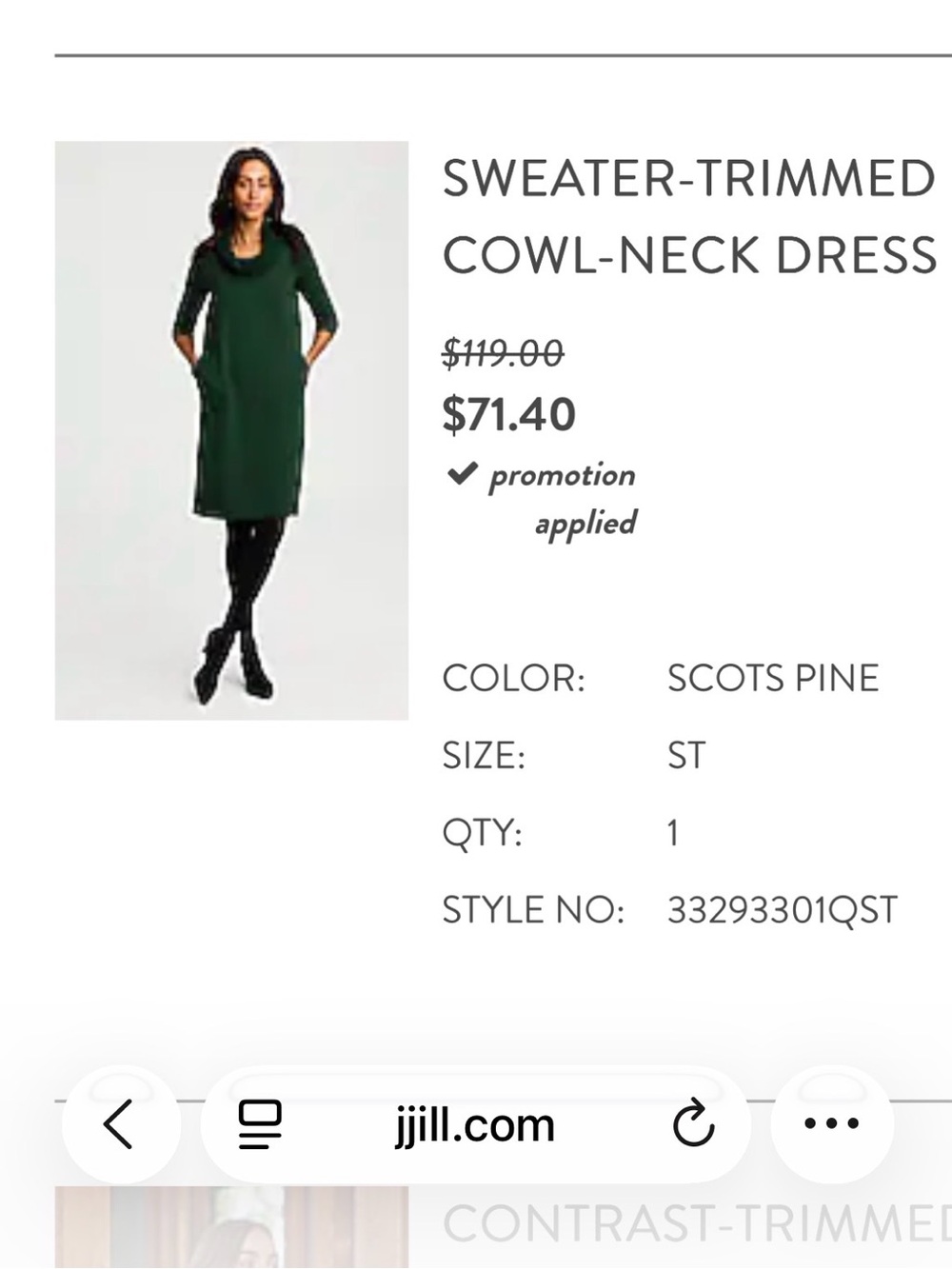 J. Jill Sweater-Trimmed Cowl-Neck Dress - Scots Pine